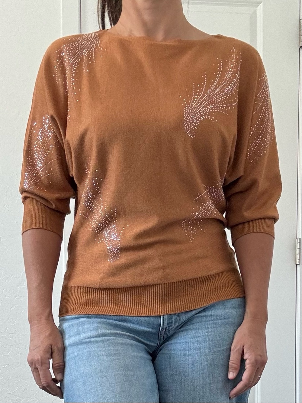 Love Scarlett Bedazzled Fall/Autumn 3/4 Length Sleeve Sweater Camel Color
